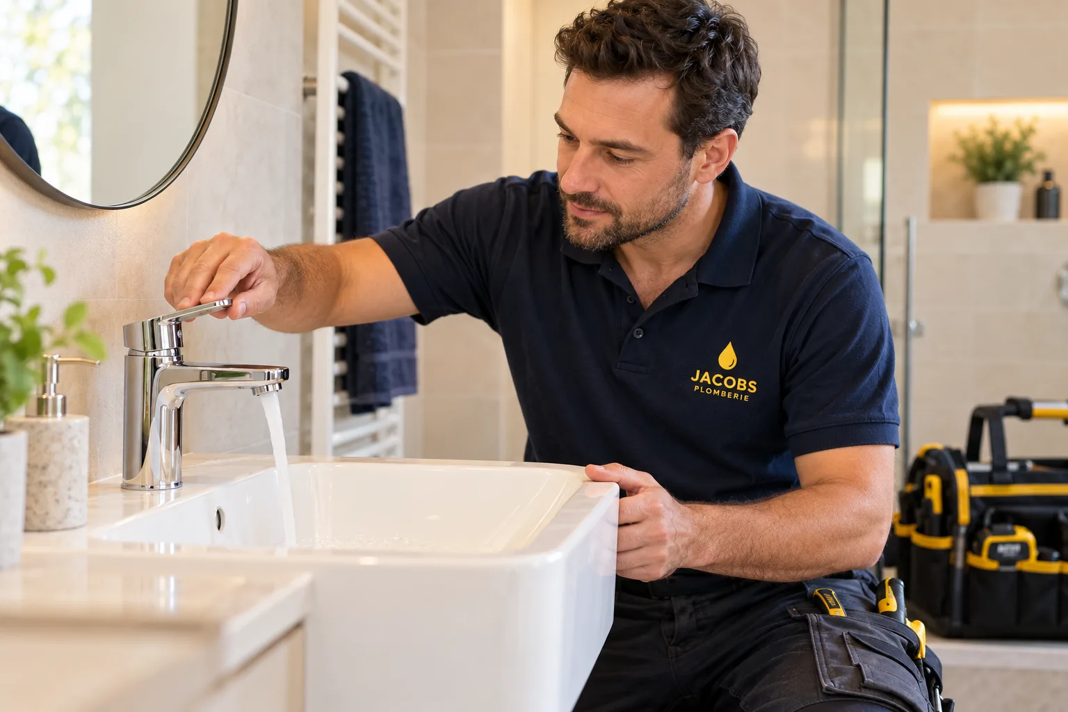Illustration d’un artisan Jacobs vérifiant un mitigeur de lavabo